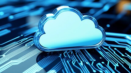 Poster - Glowing Blue Cloud with Data Center Background, Digital Grid Network, and Technology Icons in Dark Virtual Space