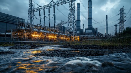 Poster - Energy generation infrastructure power plant industrial facility urban landscape ground level peak energy distribution