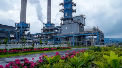 Poster - Power generation facility producing energy amidst lush landscape industrial site cloudy environment dynamic view