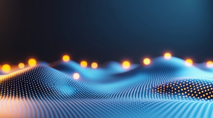 Poster - Dark Blue and Orange Abstract Waves with Glowing Particles, 3D Render