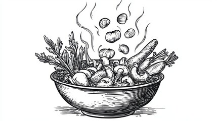 Wall Mural - Whimsical blackandwhite soup bowl with vegetable steam art