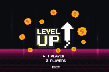Poster - level up. 1 player. pixel art .8 bit game. retro game. for game assets in vector illustrations.