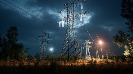 Poster - Peak energy grid distribution at night power lines in urban landscape electric infrastructure dark environment dynamic view