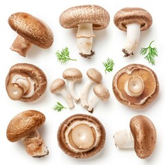 Wall Mural - Top view of various sizes of royal brown mushrooms and sprigs of dill on a white background, creating an interesting arrangement