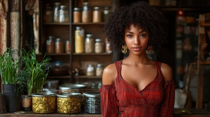 Confident african female young adult in plaid dress at cozy rustic store