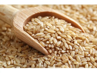 Wall Mural - A wooden scoop of brown rice grains. Featuring the texture and natural color of the rice. Emphasizing whole grains and healthy eating. Ideal for health food blogs and organic product advertisements.