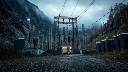 Poster - Power generation station in mountainous region backup energy infrastructure amidst dark clouds