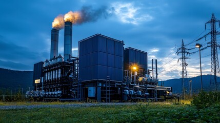 Poster - Power generation facility industrial area photographic image evening scene dynamic view energy backup concept