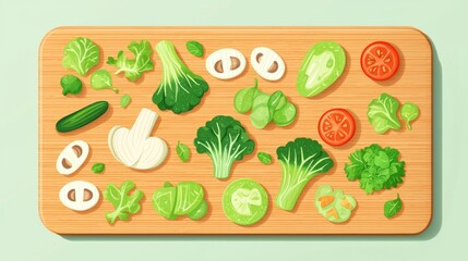 Wall Mural - Flat design wooden cutting board with abstract chopped vegetables image