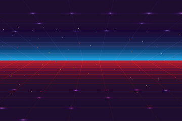 Leinwandbilder - Pixel art background. 8 bit game. retro game. for game assets in vector illustrations. Retro Futurism Sci-Fi Background. glowing neon grid and stars from vintage arcade comp