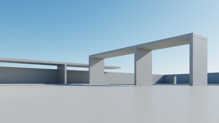 Poster - 3d render of abstract modern architecture with empty cement floor, minimal exterior, car presentation background