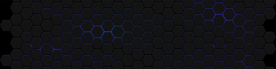 Wall Mural - hexagons honeycomb texture blue neon background, abstract futuristic technology backdrop banner desi