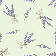 Wall Mural - Hand drawn lavender floral pattern featuring bows on a soft green background for fabric design