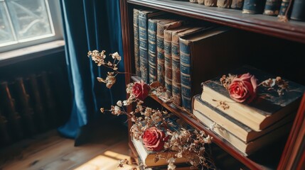 Poster - Victorian bookshelf displaying dried roses and velvet curtains cozy reading nook vintage interior captured from a close-up perspective