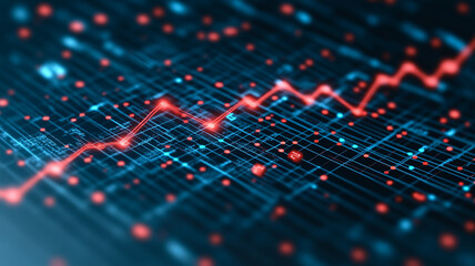 Poster - Digital Ascent: Abstract representation of data growth and technological advancement, visualized as a red upward trendline on a complex blue digital grid.