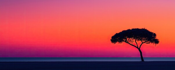 Poster - Vivid gradient concept. A tranquil scene showcasing a solitary tree against a vibrant sunset sky.