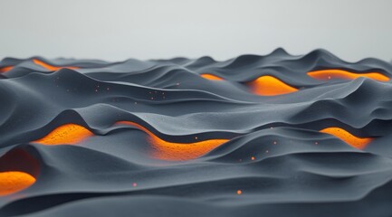 Poster - Dark Blue and Orange Abstract Waves with Glowing Particles, 3D Render