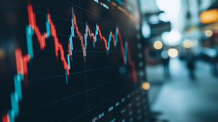Poster - Market Fluctuations: A close-up shot of a stock market ticker displaying fluctuating lines in red and green, symbolizing the dynamic nature of finance and investment.
