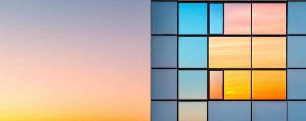 Poster - Symmetry gradient concept. A stunning reflection of colors on a modern building's glass facade during sunset.