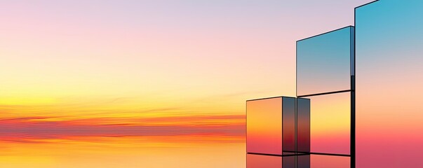 Poster - Symmetry gradient concept. Modern glass structures reflecting vibrant sunset colors at twilight.