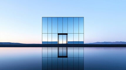Poster - Minimal symmetry idea. Modern architectural design featuring a glass structure reflecting serene water.