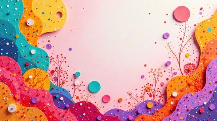 Wall Mural - whimsical papercut landscape featuring colorful hills, decorative trees, and scattered confetti, ide