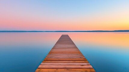 Aufkleber - Symmetry gradient concept. A serene wooden pier extends into a calm lake during a colorful sunset.