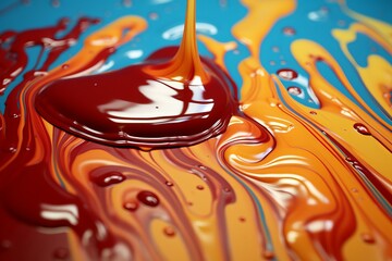 Aufkleber - Wet paint mixing in red, orange, and blue, creating a stunning abstract pattern