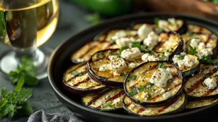 Wall Mural - Grilled vegetables with feta and wine staging scene