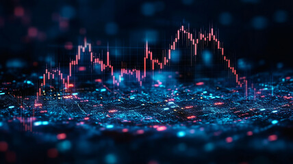 Poster - Abstract Data Flow:  A mesmerizing visualization of data points forming dynamic charts and graphs across a textured, abstract landscape, with a vibrant color scheme of deep blues.