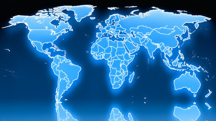 Poster - Global Connectivity: A striking abstract image of the world map, rendered in vibrant blue, against a dark backdrop. The glowing lines illuminate the borders of continents and countries.