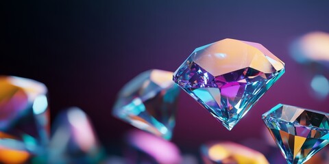 Poster - Colorful Glowing Diamonds Floating in Air on Dark Blue Background