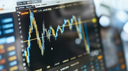 Poster - Stock Market Volatility: A close-up shot of a computer screen displaying a volatile stock market graph, illustrating the dynamic and unpredictable nature of the financial markets.  