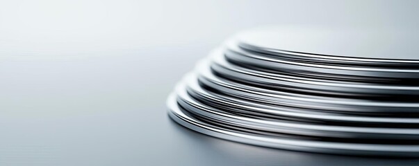 Poster - Minimal symmetry idea. A stack of polished metal plates on a sleek surface, ideal for culinary presentations.