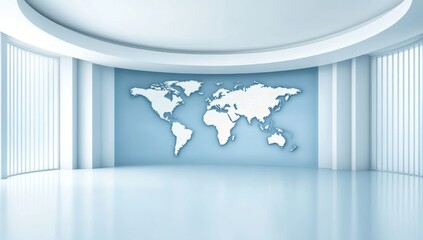 Poster - News Studio with Blue Digital World Map on Wall and Shiny Floor