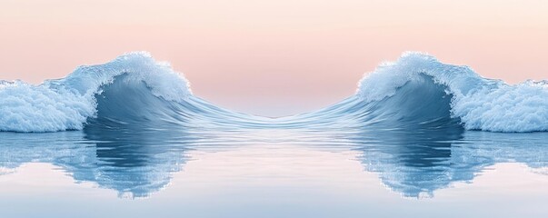 Poster - Symmetry gradient concept. Serene ocean waves gently lap against a tranquil mirrored surface at sunset.