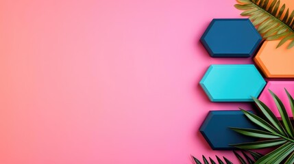 Poster - Vivid gradient concept. Colorful hexagons with tropical leaves on a pink background for vibrant design elements.