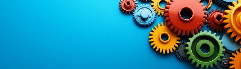 Poster - Colorful Gears on Blue Background, Symbolizing Integration of Digital and Traditional Marketing