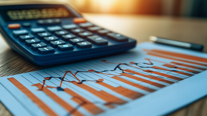 Poster - Financial Growth Analysis: A close-up shot reveals a calculator resting next to a financial report displaying upward trending bar graphs, suggesting growth and positive financial performance. 