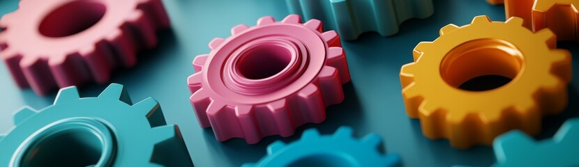 Poster - Colorful Gears on Blue Background, Symbolizing Integration of Digital and Traditional Marketing