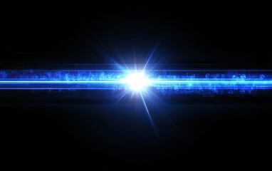 Poster - abstract blue light flare with geometric grid effect on black background.