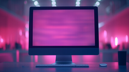 Poster - Pink Sunset Mockup: A modern desktop computer displays a vibrant pink sunset on its screen, creating a stylish and serene mood in a futuristic setting.