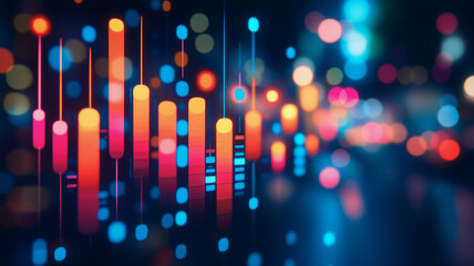 Poster - Vibrant Data Stream: Abstract visualization of dynamic data flow, rendered in a mesmerizing blend of orange, red, and blue hues against a blurred cityscape backdrop.
