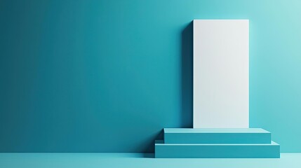 Poster - Symmetry gradient concept. Minimalist display platform with a clean white surface against a vibrant turquoise backdrop.