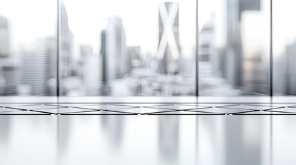 Poster - Minimal symmetry idea. Modern office interior with glass walls and a city skyline view in the background.