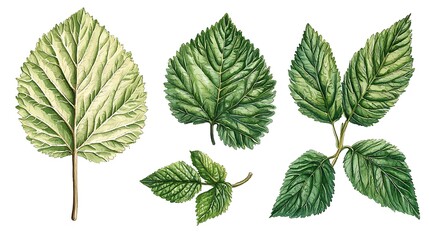 Wall Mural - Watercolor illustration of various blackberry leaves in different shades of green, perfect for design projects.