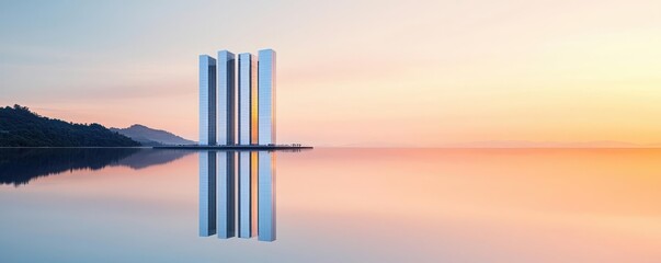 Poster - Minimal symmetry idea. Modern skyscrapers reflected in a tranquil water surface during sunrise.