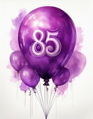 Purple birthday / anniversary party balloon, number 85, watercolor painting with white background