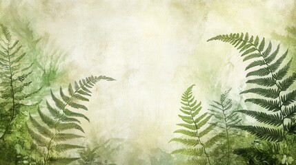 Wall Mural - Watercolor Fern Leaves on Textured Abstract Green Background, Soft Botanical Border Frame.