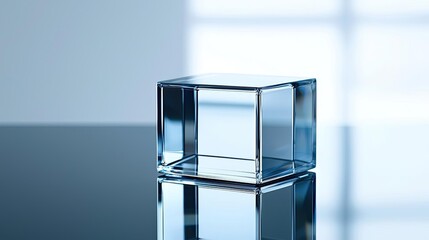 Poster - Minimal symmetry idea. A clear glass cube reflecting light and shadow on a smooth surface.